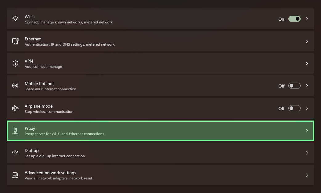 Windows Network settings page