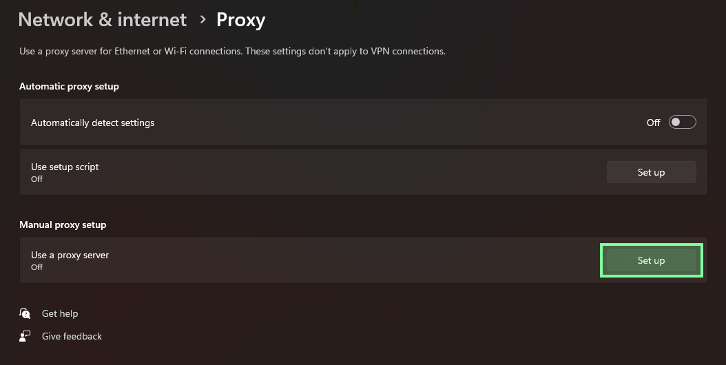 Windows Proxy settings page