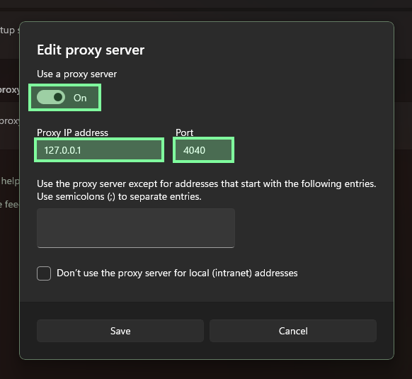 Windows Proxy setup