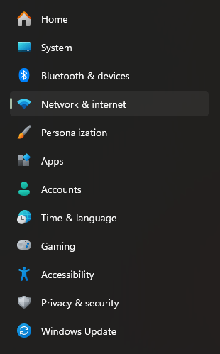 Windows Settings Network & internet